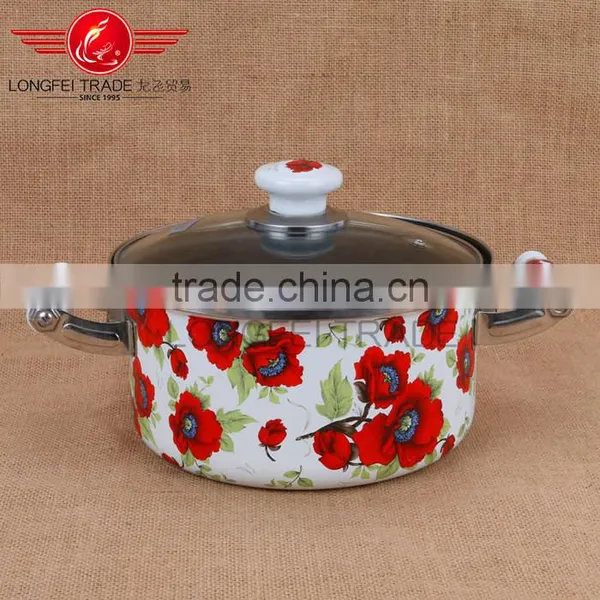 Enamel Decal Full Flower Casserole Cooking Pot Stew Pot Turkey Pot With Glass Lid photo-2