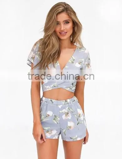 2016 Fashionable Floral Printed Bandage Crop Top And Shorts Sets photo-2