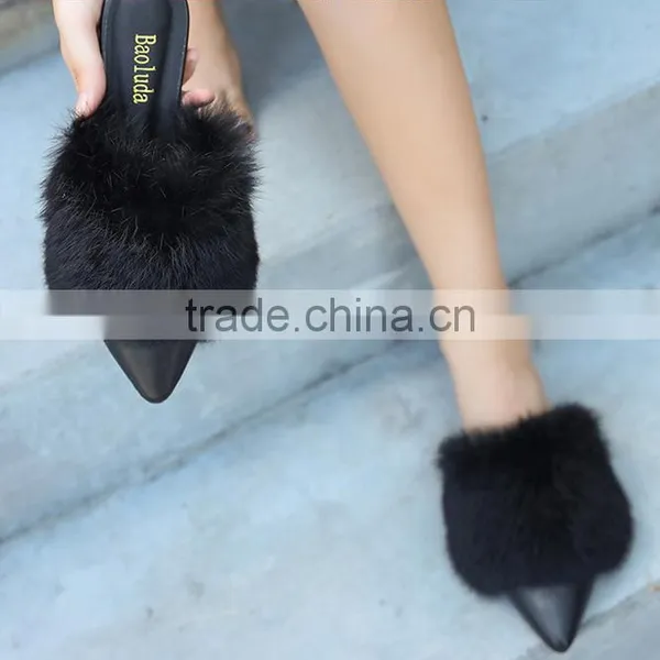 2017 Spring and Autumn Flat With Pointed Rabbit Hair Slippers Baotou Flat Hair Plush Half Autumn Autumn New Lazy Slippers photo-3
