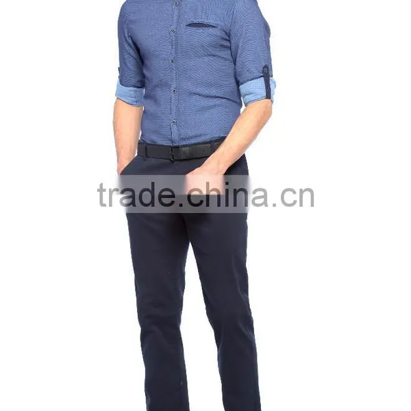 Blue Solid Super Skinny Long Sleeve Buttonless Men Shirt photo-3
