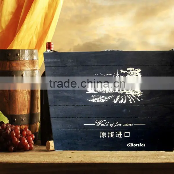 Custom Laser Logo and Color 6 Bottle Antique Wooden Wine Boxes for Sale