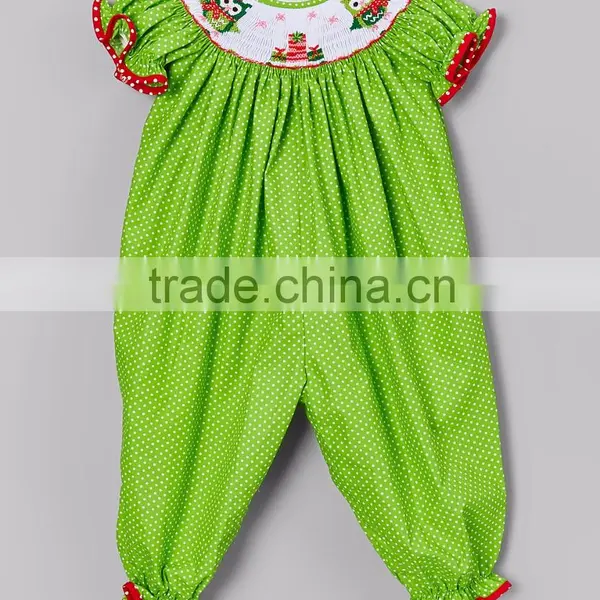 Lime Owl Dot hand smocked children clothing wholesale