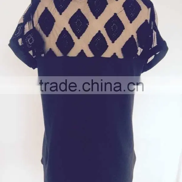95% Cotton 5% Spandex Jersey With EMB Mesh Ladies S/S Shirts photo-2