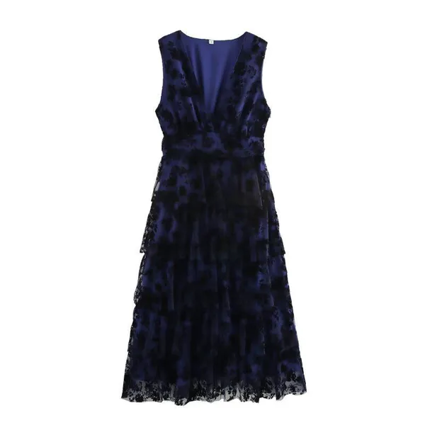 2025 European and American Style Spring Women's Plush V-neck Sleeveless Layered Cake Dress photo-3