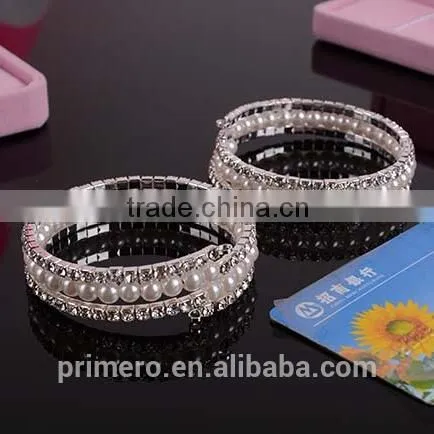 Fashion 2 Rows Stack Pearls Rhinestone Stretch Bracelets Bangles Jewelry photo-2