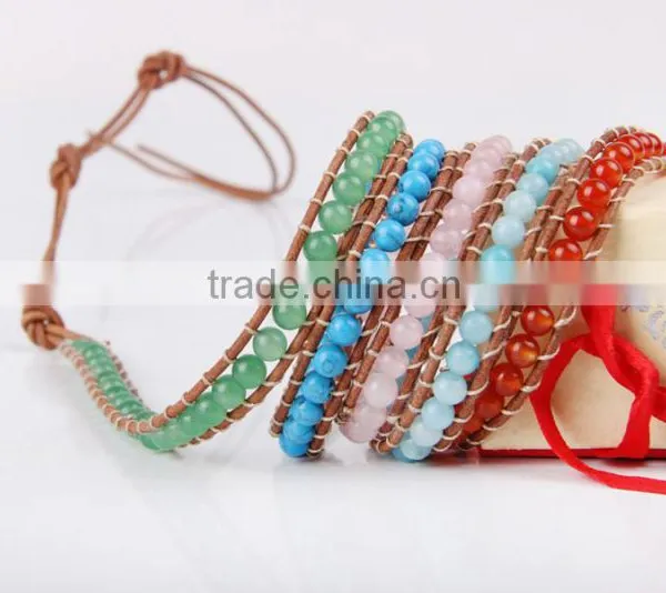 the Sea Blue Pink Crystal Bracelet Fashion Agate Beads Charm Bracelet Women Jewelry 5 Coil Winding Leather Bracelet Bangles photo-3