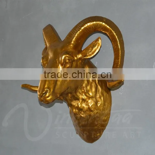 Hiagh Quality Crafts Life Fiberglass Golden Sheep Head Wall Hanging Statues for Home Decor photo-4