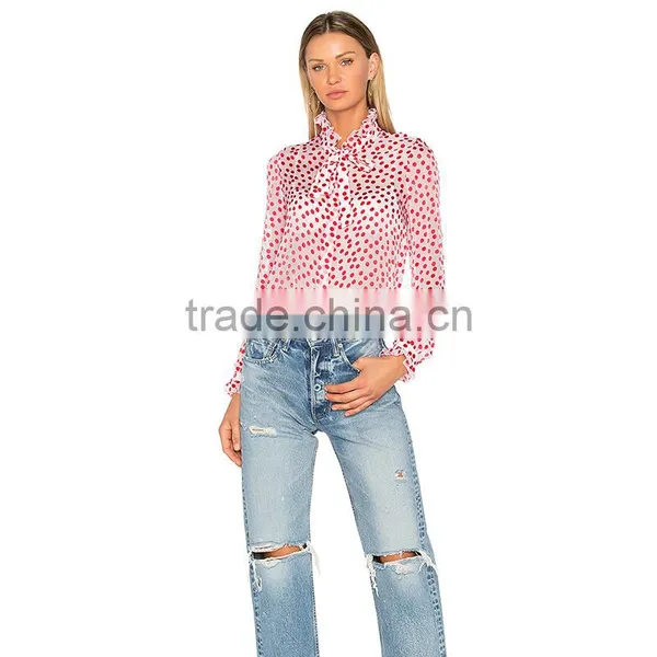 Polka Dot Printed Tie Neck Long Sleeve Women's Viscose Chiffon Shirt photo-6