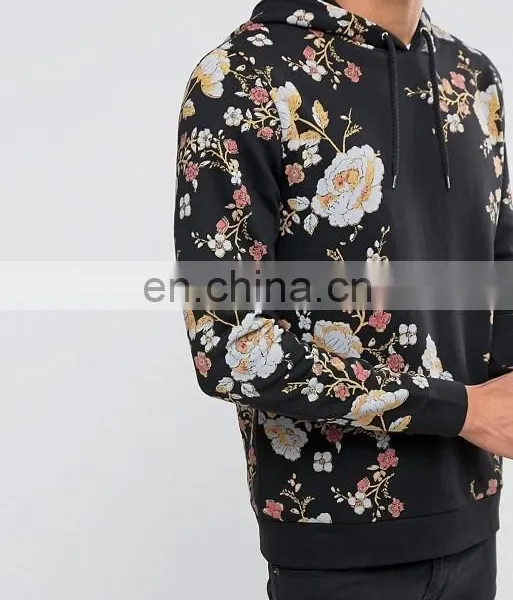 Black Side Slant Pockets All-over Floral Print Hoodie photo-3