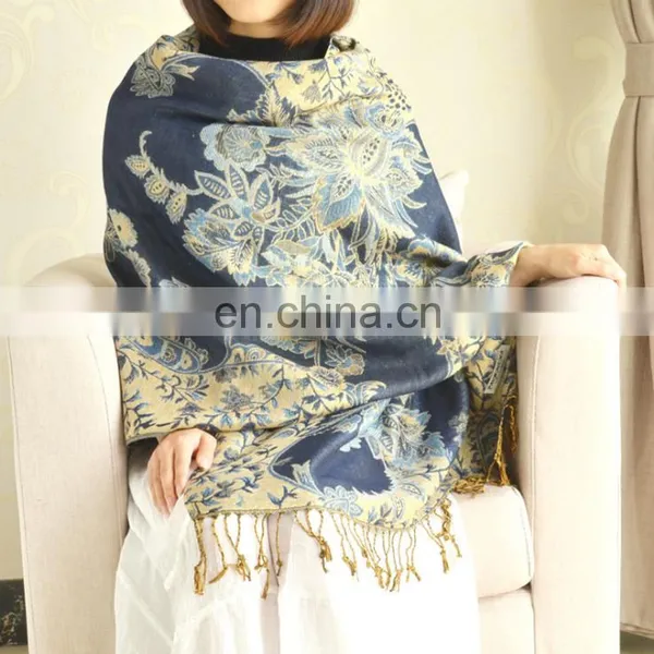 Fancy Women Gold Yarn Set Jacquard 5 Pcs Gold Flowers Shawl Scarves