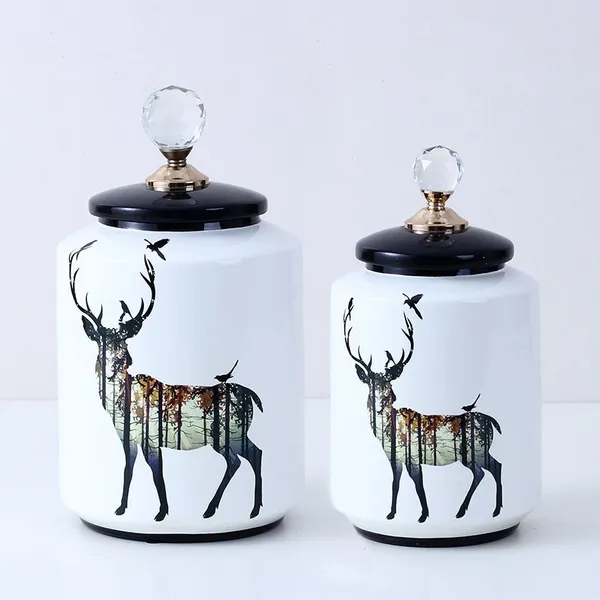 European Simple Style New Cylinder Deer Painting Ceramic Flower Vases Tableware Decoration With Crystal Lid For Home photo-3