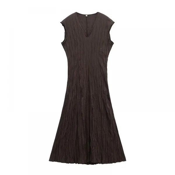 Spring 2025 New Women's Clothing With European and American Temperament, V-neck Short Sleeved Pleated Mid Length Dress photo-3