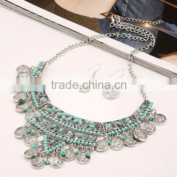 2016 Gypsy Bohemian Jewelry Set Vintage Turquoise Beauty Head Silver Coin Jewelry Set photo-4