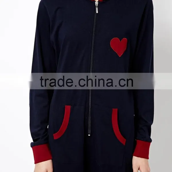 Ladies Petite Embroidered With Contrast Color Cuff Onesie Pajamas With Hood photo-3