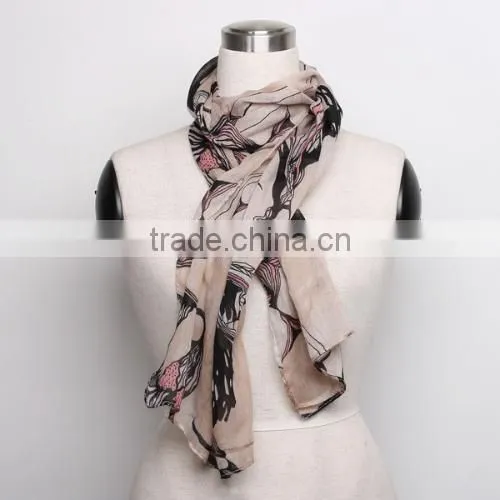 Khaki Begonia Flower Ink Style Long Cotton Neck Scarf Shawl photo-3