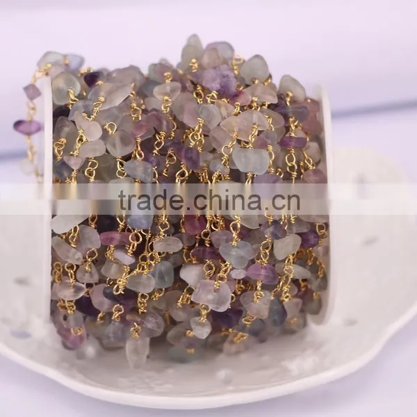 Natural Fluorite Nugget Quartz Chip Bead Rosary Chain, Gold Plated Wire Wrapped Chain photo-5