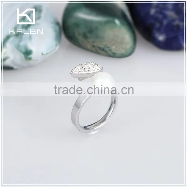 Women Vogue Big Pearl and Rhinestone Heart Design Stainless Steel Rings for KALEN photo-2