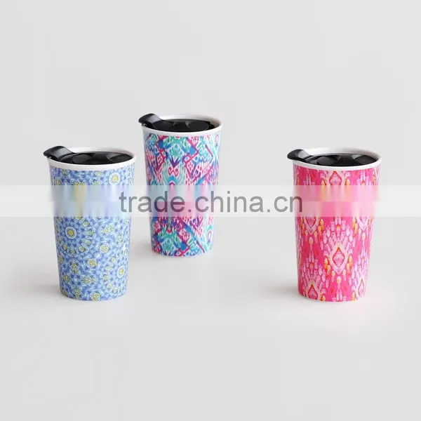 Double Wall Mug With Lid,ceramic Double Wall Travel Mug With Gold Decal,ceramic Travel Mug With Lid and Printing photo-3