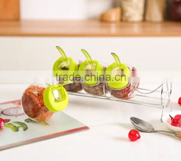Set 4 Cheap Clear 6oz Glass Spice Jars With Decorative Lid in Metal Rack photo-4