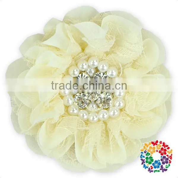Red Chiffon Blossom Fabric Crystal Pearl Center Flowers photo-2