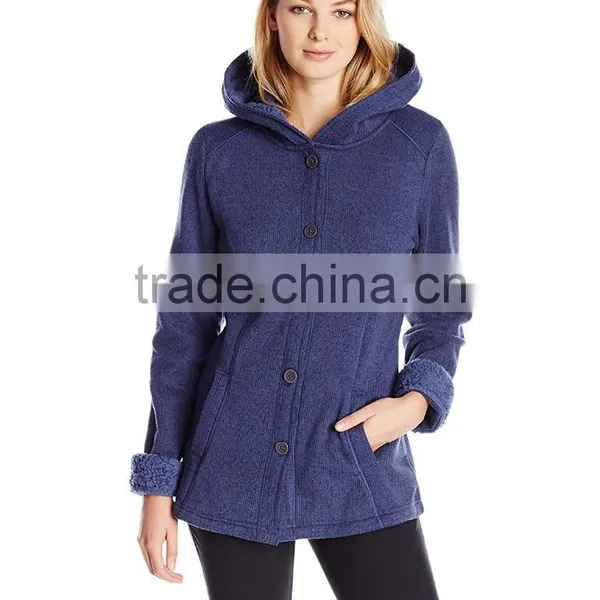 Blank Hooded Varsity Jacket 100% Polyester Heather Sweater Rib Fleece Knit And Sherpa Fleece Lining Women Hooded Jacket photo-4