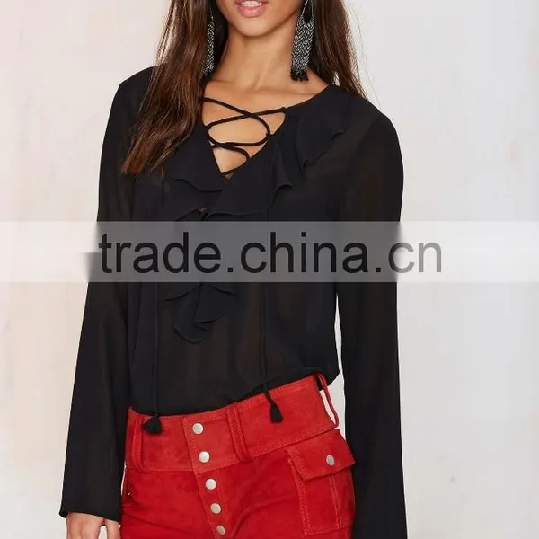 Latest Chiffon Blouse Ruffled Lady Blouse Wholesale Lace up Blouses 2015 photo-3