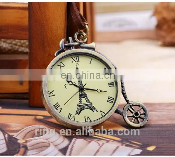 Vintage Eiffel Tower Logo Bronze Pocket Watch With Leather Chain photo-4