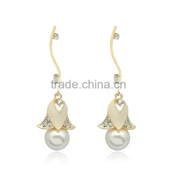 Bridal Wedding Golden Crystal Pearl Flower Drop Dangle Earrings photo-2