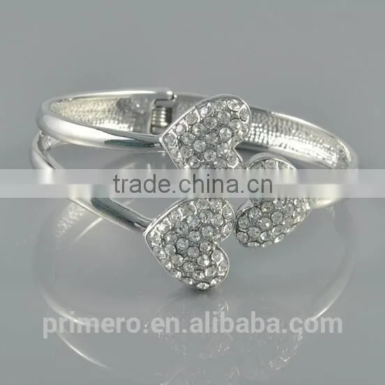 Hot Women Silver Tone 2 Heart Crystal Cuff Bracelet Bangle Fashion Jewelry Gift photo-3