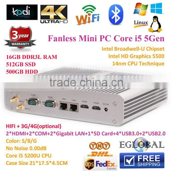 Mini PC In Desktops CPU Core i5 5200U Fanless 5th Generation Dual Core 4 Threads 16G RAM 512GB SSD 500GB HDD Ubuntu Thin Client