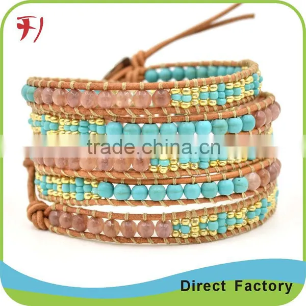 Multilayer Natural Turquoise Beads On Brown Geniune Leather Bracelet