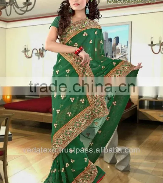 Bottle Green Embroidery Saree