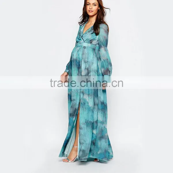 Maternity Printed Maxi Long Sleeve Maternity Dress for Muslim With Wrap Front photo-1