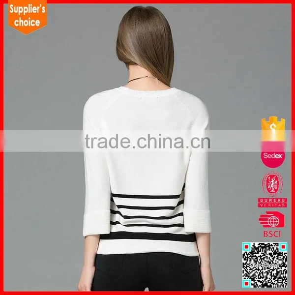 Latest Design 3/4 Sleeve Stripes Cotton Pullover Knitwear Ladies Sweater photo-3