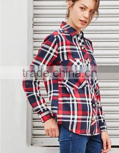 Flannel Button Front Shirt Wholesale Long Sleeve Plaid Shirt for Women photo-3