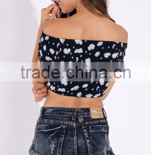 Fashion Off-shoulder Design Short Sleeve Crop Top for Women, Floarl Print Women Tank Top photo-4