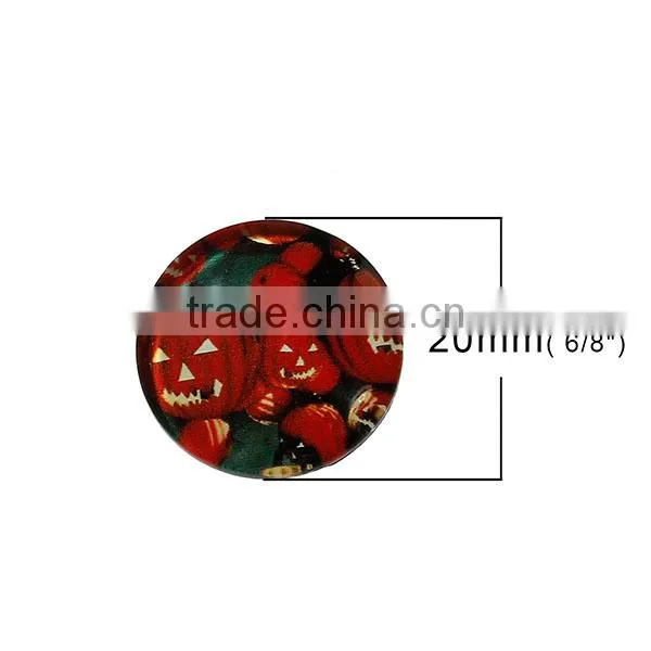 Glass Dome Seals Cabochons Round Flatback Red & Green Halloween Pumpkin Leaves Pattern Transparent 20mm Dia photo-2