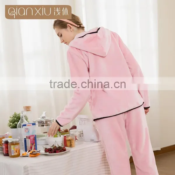 Perfect Qianxiu Cheap Hooded Design Pink Sexy Flannel Ladies Winter Nighty photo-3