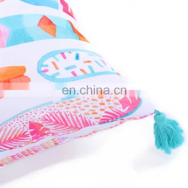 Colourful Lively Spun Polyester Green Plants Pattern Printed Sofa Cushion Covers With Tassels photo-4