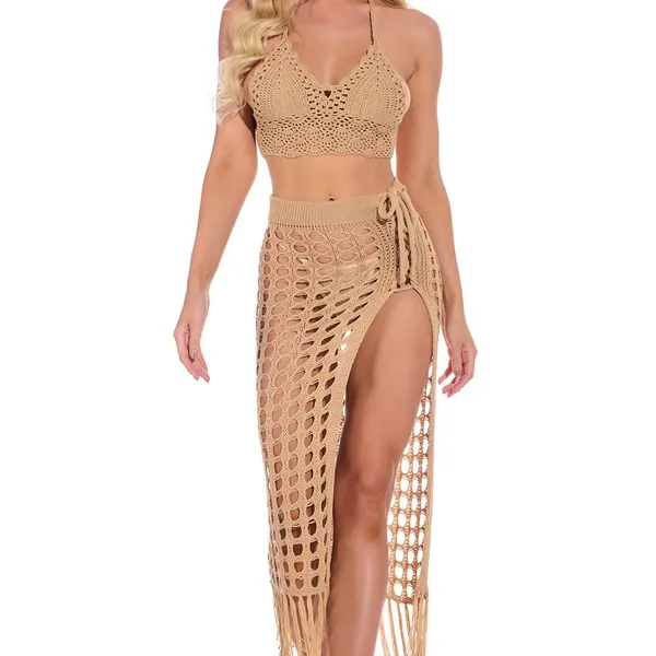 Hand-woven Beach Hollow Tassel Split Swimsuit Suit photo-3