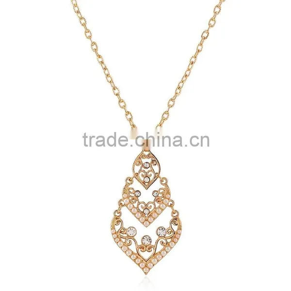 Retro Baroque Fashion Hollow Out Drop Shape Gold Long Thin Chain Pearl Necklace photo-2