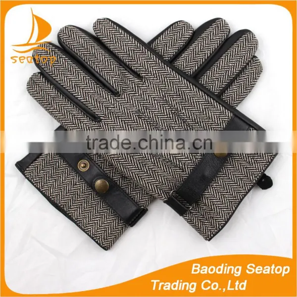 Fashion Men's Raw Sheepskin and Houndstooth Fabric Leather Gloves With Buckle