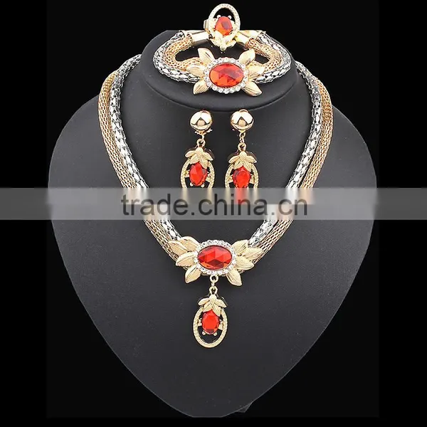 Gold Plated Pendant Statement Crystal Necklace Earrings Bracelet Rings Set for Wedding Jewelry