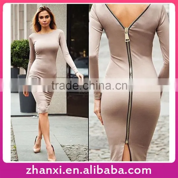 Zipper Design Long Sleeve Tight Bodycon Midi Sexy Girls Frock Designs for Party Dress