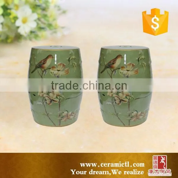 H 45cm Green Stool Ceramic Drum Side Table photo-2