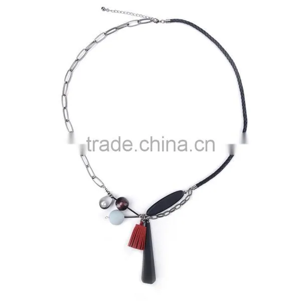 Geometric Wood Bead Rubber Strip Pendant Necklace Velvet Leather Tassel Necklace Chain Linked Suede Leather Necklace photo-3