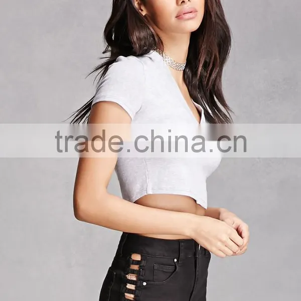 T Shirt Hoodies, Sweatshirts Customized Hoodies, Ladies Cotton Spandex V-neckline Short Sleeves Hooded Cropped Top Hoodie photo-3