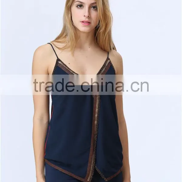 New Design Ladies Sequin Embroideried Beaded Navy Cami Top photo-5