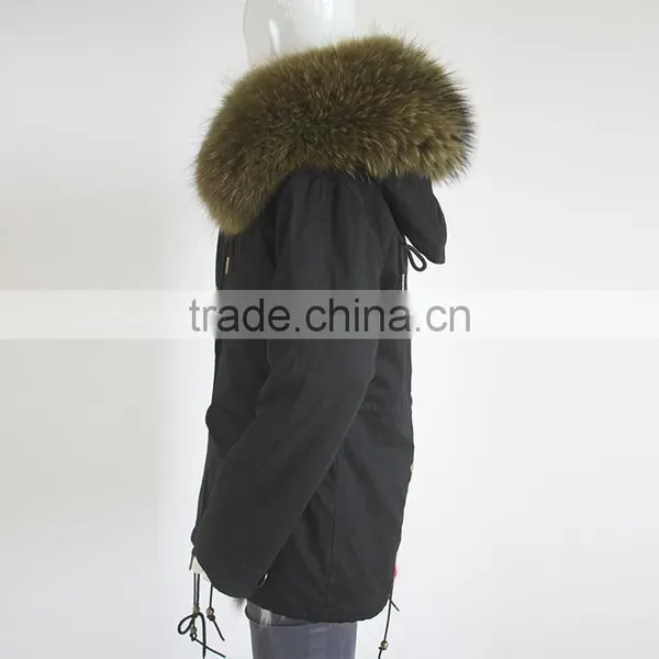Myfur Customized Khaki Green Raccoon Fur Hood Navy Color Parka Jacket photo-5