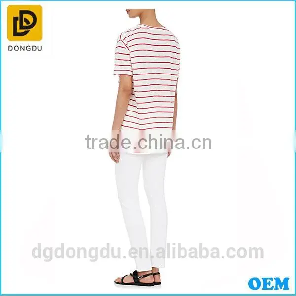 Wholesale 2016 Cheap Custom Pretty Quality Lady Striped Linen T-shirt photo-4